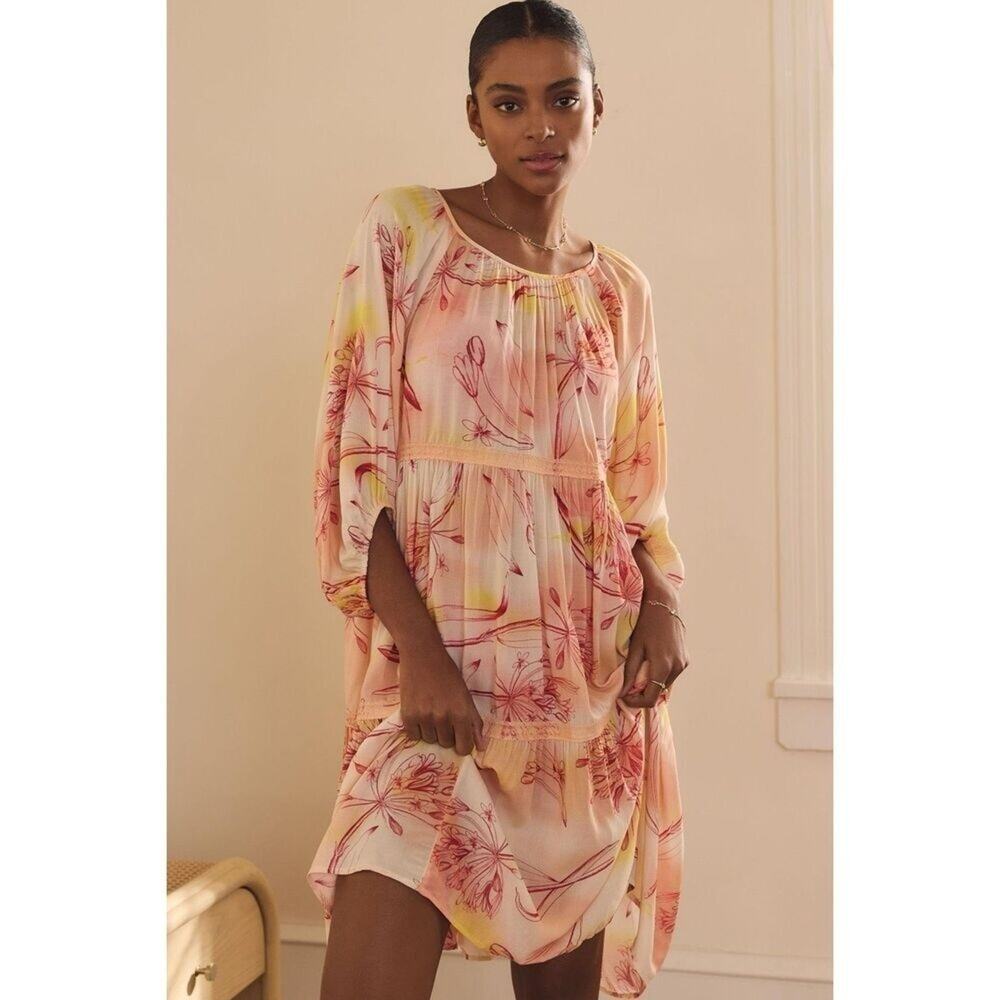 Anthropologie Tropical Print Tiered Puff-Sleeve Dress Medium Orange Vacay‎
